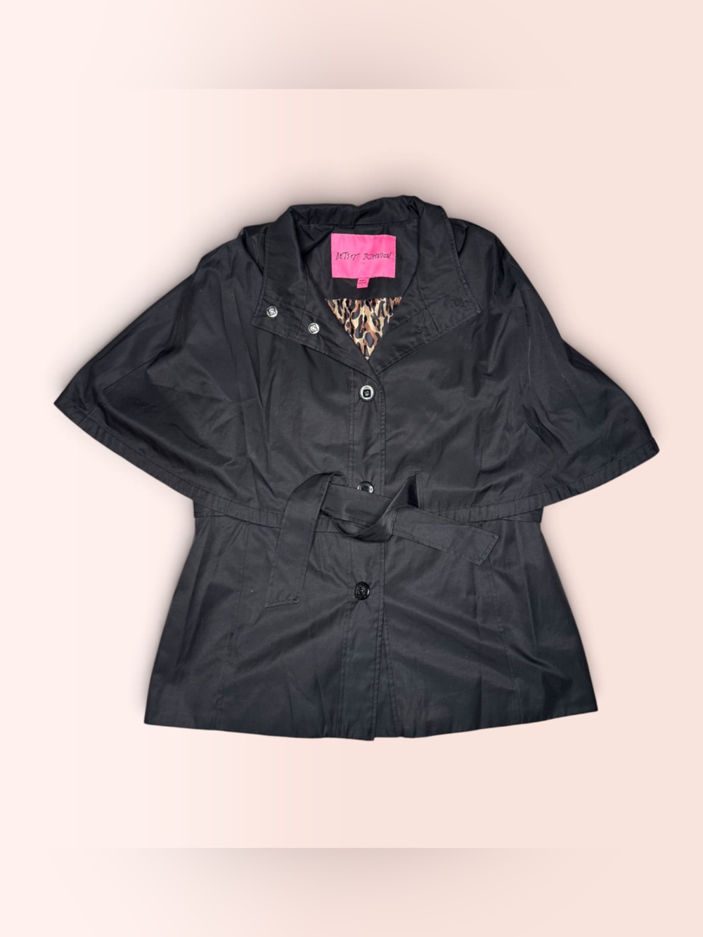 Betsey Johnson Black Belted Capelet Rain Jacket Leopard Lining